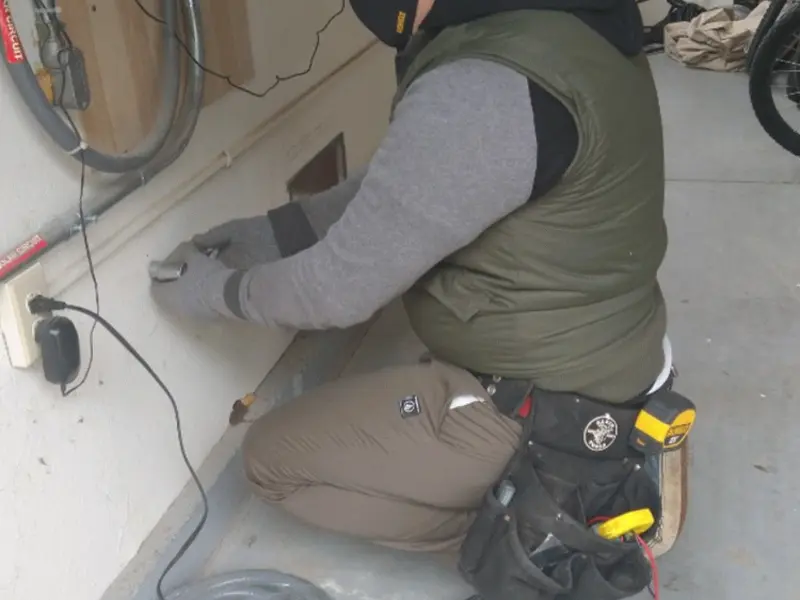 Electrician performing outlet wiring in a Fresno garage